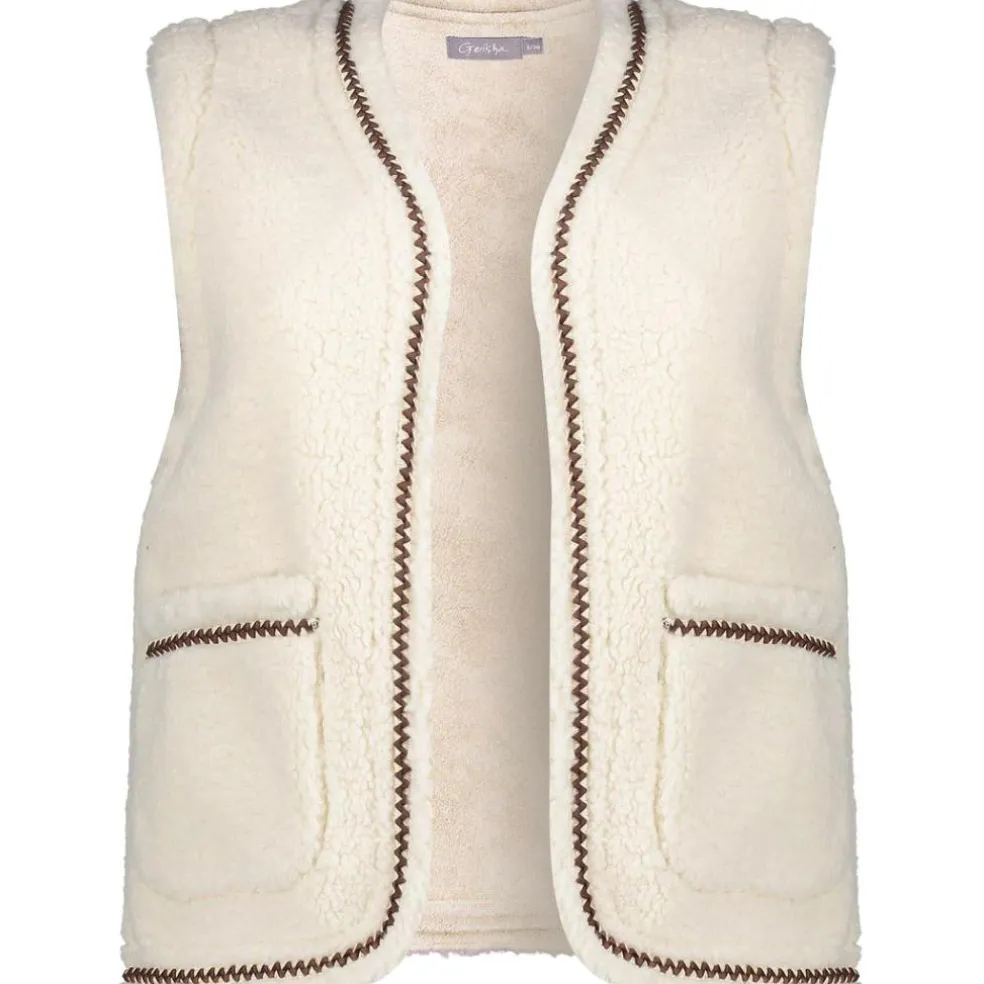 Geisha Teddy Embroidery vest dames off white tape dark brown zigzag