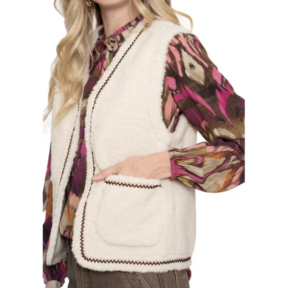 Geisha Teddy Embroidery vest dames off white tape dark brown zigzag